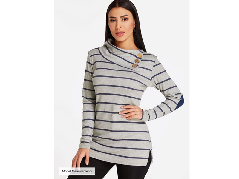 Grey Button Design Stripe Asymmetrical Long Sleeves Sweatshirts For Women