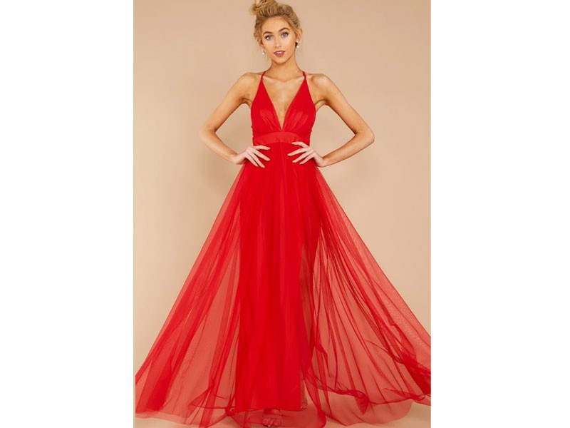 Elegant Red Tulle Gown Maxi Dress For Women