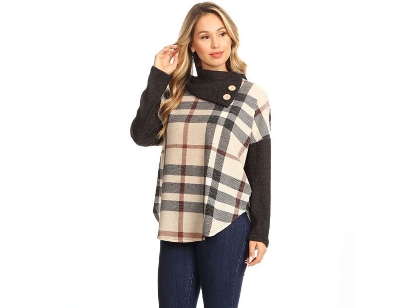Chris & Carol Button Cowl Neck Plaid Top in Taupe