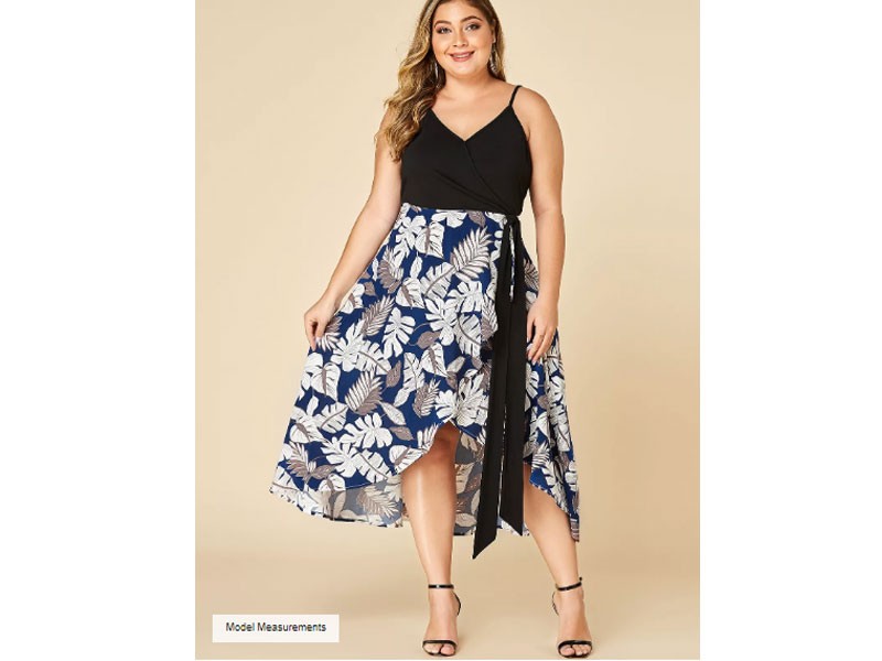 Yoins Plus Size Navy Leaf Print V-neck Women's Ribbon Dress