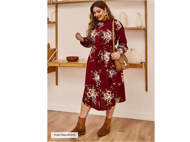 Plus Size Burgundy Random Women's Floral Print V Neck Button Front Dress