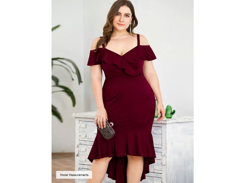 Plus Size Burgundy Women's Ruffle Trim Bodycon Hem Dress