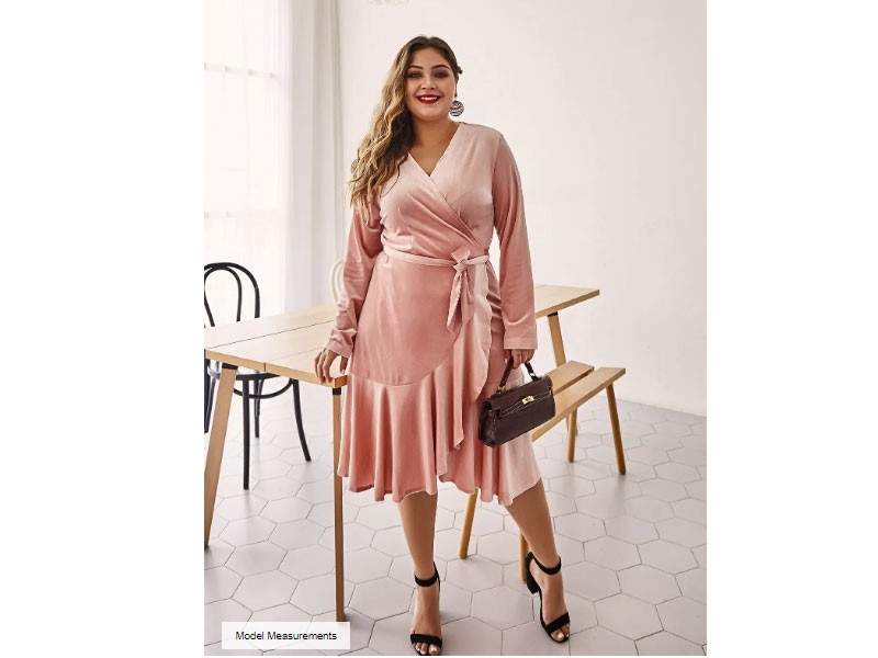 Plus Size Pastel Belt Design V-neck Long Sleeves Women's Dress