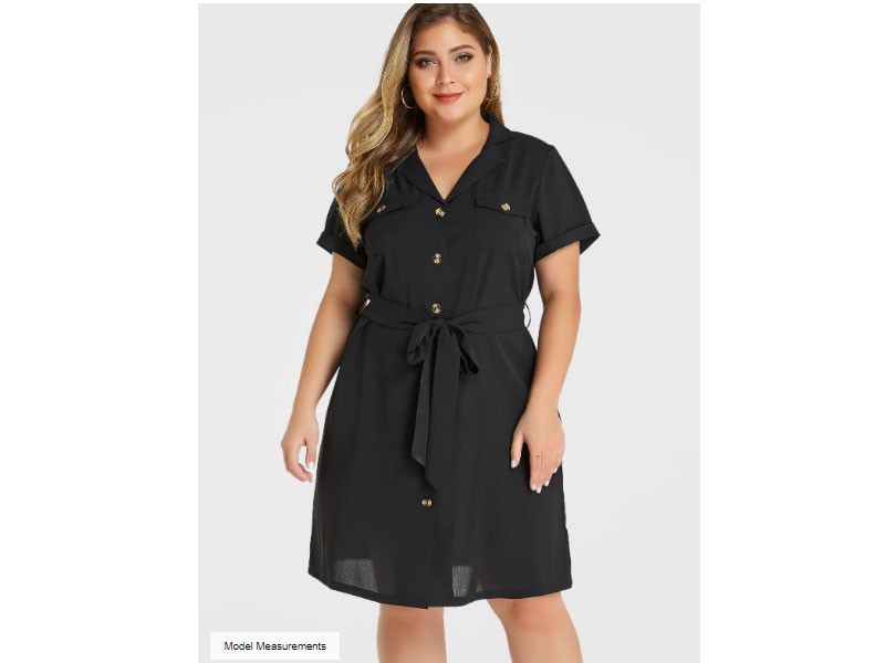 Yoins Plus Size Black Lapel Collar Belted Design Women's Dress