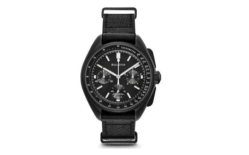 Bulova Mens Special Edition Lunar Pilot Chronograph - Black Metal -Black Leather