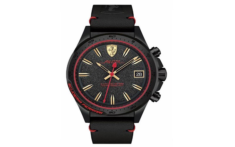 Scuderia Ferrari Pilota Watch - Black Metal - Date Window - Black Leather Strap