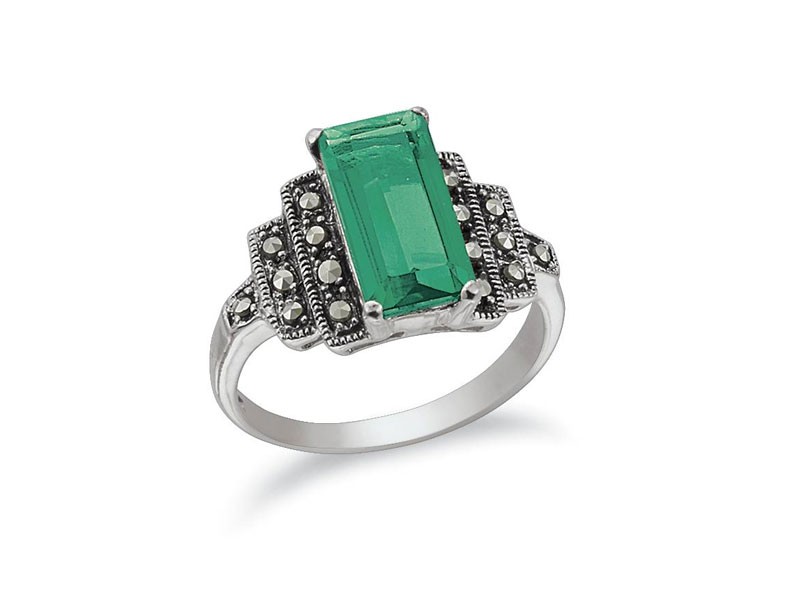 Genuine Emerald-Cut Green Quartz Marcasite & Sterling Silver Ring