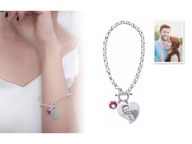 Sterling Silver Engraved Photo Heart Pendant Bracelet from Justylin