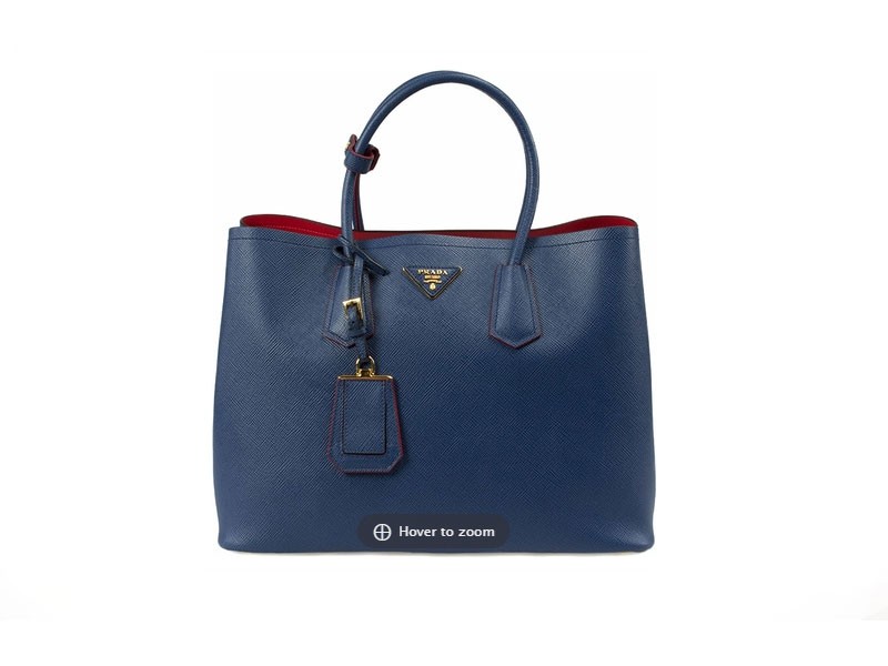 Blue with Red Lining Prada Saffiano Cuir Double Large Tote Bag