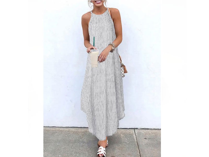Women Casual Striped Strappy High Low Long Maxi Dress