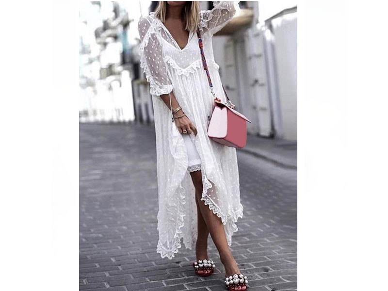 Summer Women V Neck Long Sleeve Casual Maxi Dress