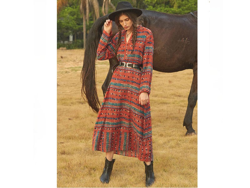 Vintage Print V-neck Long Sleeve Maxi Dress