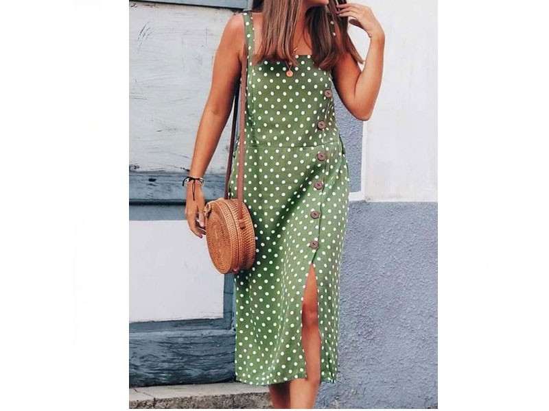 Casual Women Polka Dot Print Sleeveless Straps Maxi Dress