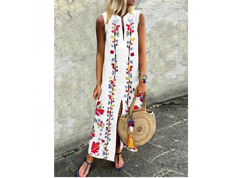 Bohemian Floral Print Sleeveless V-neck High Split Long Maxi Dress