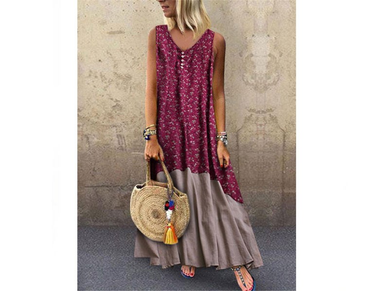 Women Sleeveless Buttons Patchwork Floral Print Vintage Maxi Dress