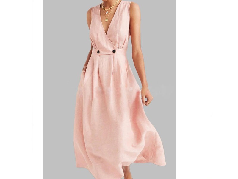 Solid Color V-neck Button Sleeveless Mid-long Summer Dress