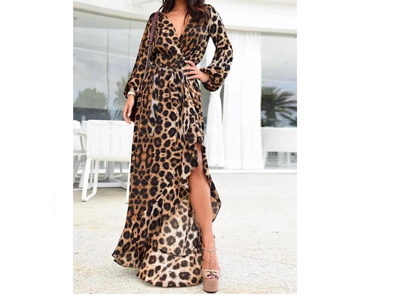 Women Long Sleeve High Low Split Casual Midi Print Dress