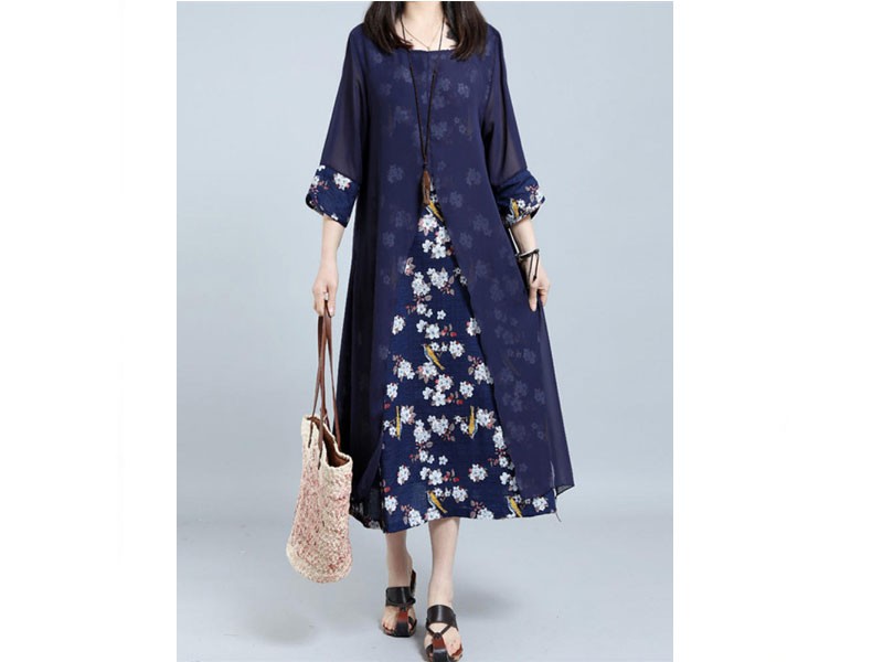 Retro Women Random Floral Printed Two Pieces 3/4 Sleeve Maxi Dress