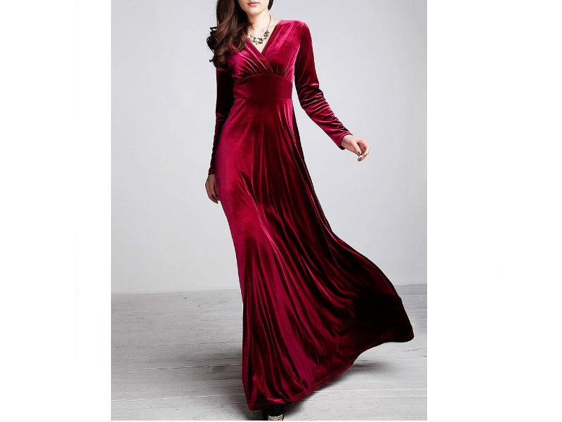 Velvet Long Sleeve V-neck Maxi Prom Dress