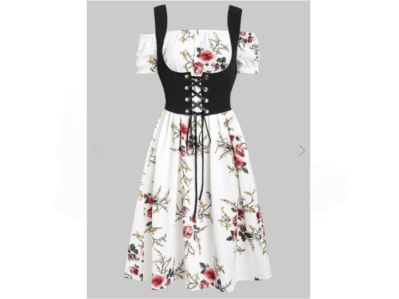 Women's Flower Off Shoulder Dress and Lace-up Waistcoat