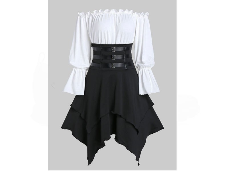 Women's Faux Leather Strap Lace-up Layered Handkerchief Skirt with Bardot Top