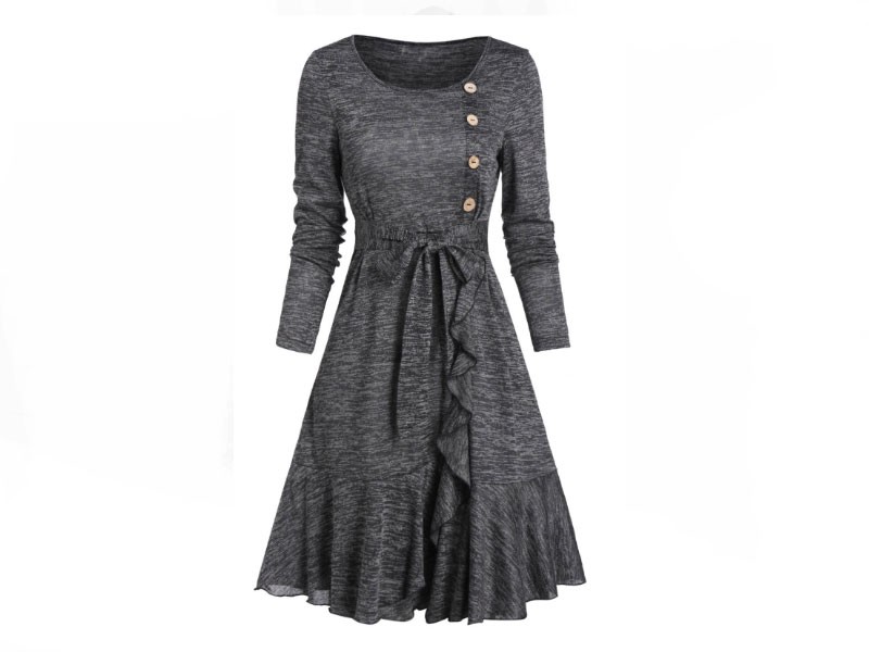 Women's Button Ruffled Heather Knit A Line Dress