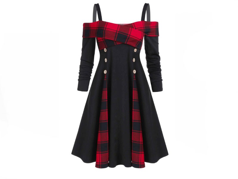 Women's Open Shoulder Plaid Panel A Line Dress