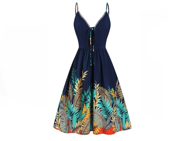 Women's Lace Up Tropical Print Flare Dress
