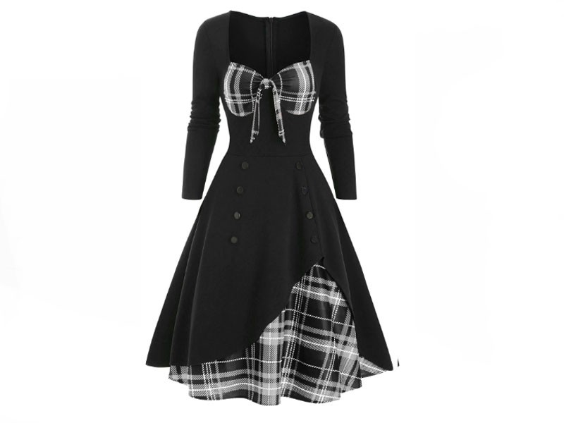 Plaid Button Embellished Overlap Bowknot Dress For Women