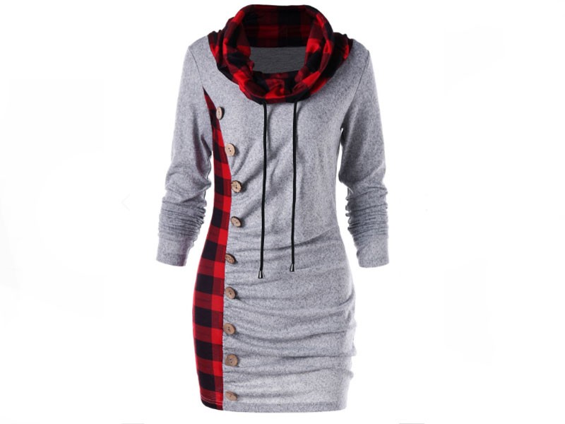 Plaid Drawstring Cowl Neck Tunic Sweatshirt Dress For Women