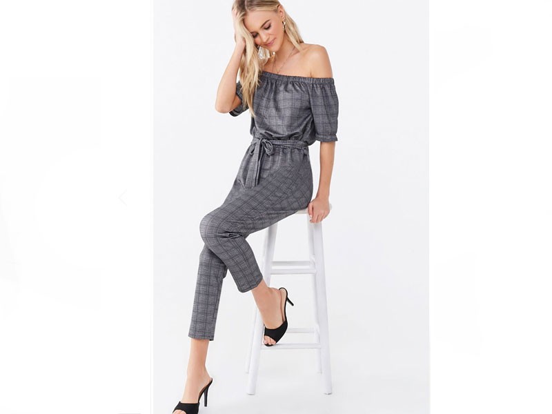 Women's Plaid Off-the-Shoulder Jumpsuit