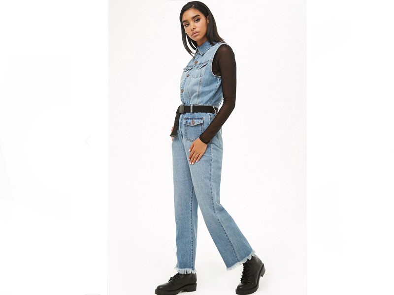 Sleeveless Frayed-Hem Denim Jumpsuit For Women