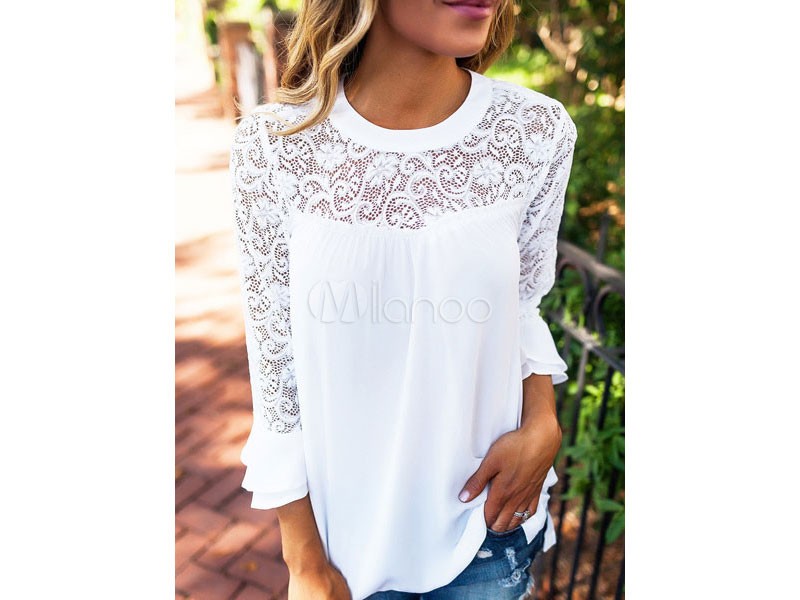 White Women's Blouses Lace Sheer Chiffon Bell Sleeve Round Neck Top