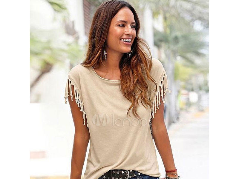 Women Summer T Shirt 2020 Round Neck Fringe Apricot Casual Top