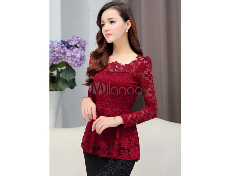 Women's Lace Blouse Long Sleeve Peplum Pintuck Top