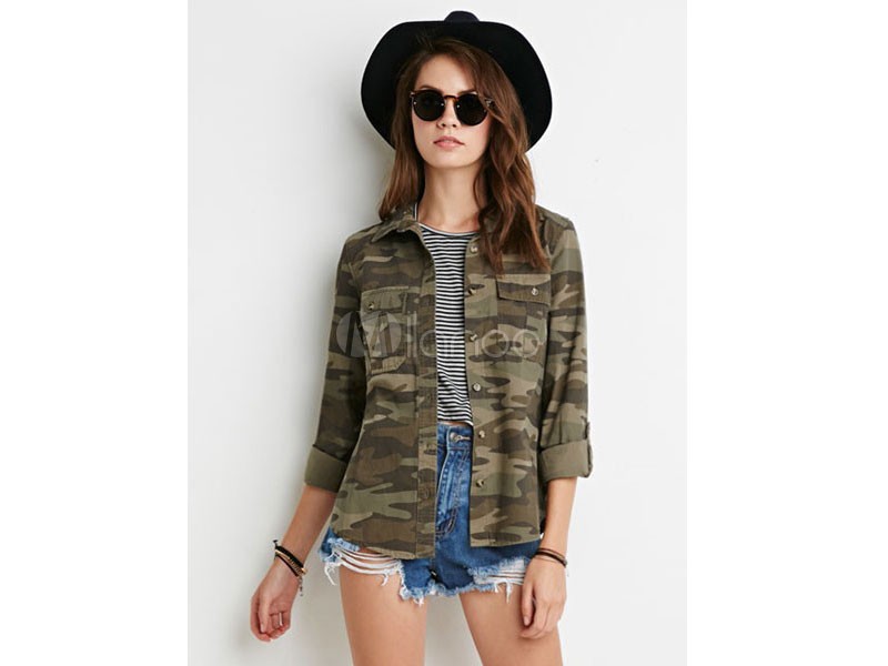 Women's Camo Shirt Cotton Long Sleeve Turndown Collar Jacket With Pockets