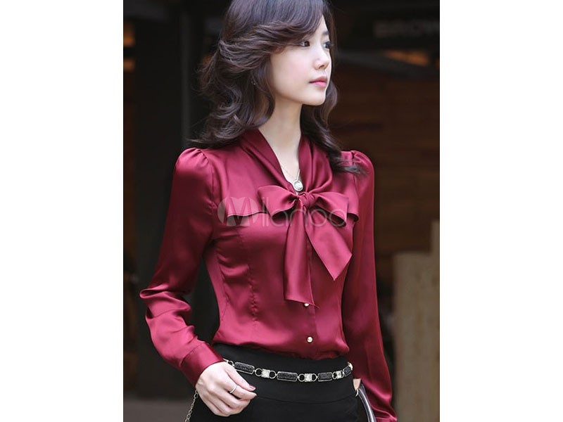 Burgundy Bow Tie Polyester Blouse For Women
