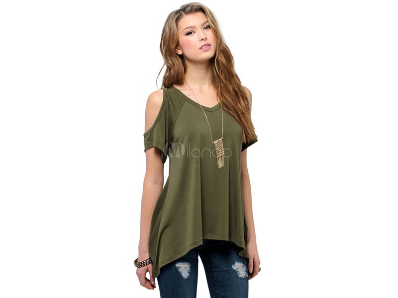 Women Summer T Shirt 2020 Could Shoulder V Neck Hunter Green Casual Top