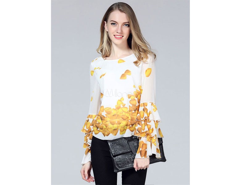 Women's Printed Blouse Flared Tiered Sleeve Top