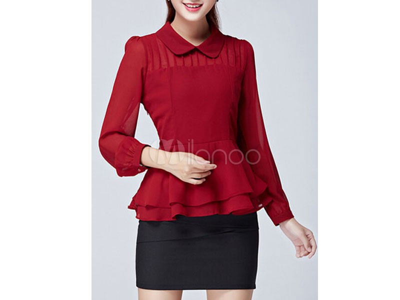 Red Peplum Chiffon Blouse For Women