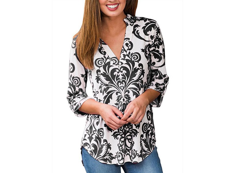 Women Chiffon Blouses V Neck Printed Three Quarter Sleeve Summer Top