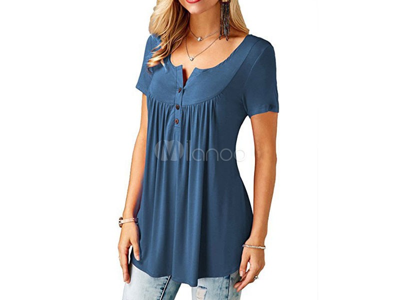 Women Casual T Shirt Buttons Short Sleeve Solid Color Summer Top
