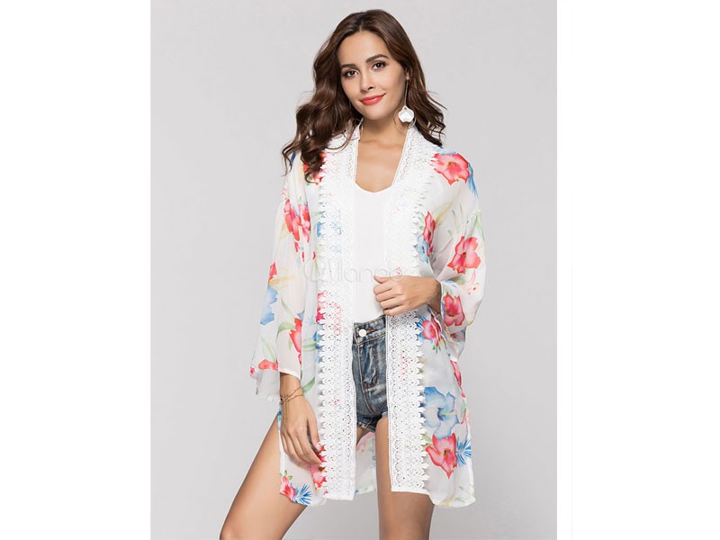 Jacket Chiffon Lace Trim Split Open Front Women Beachwear