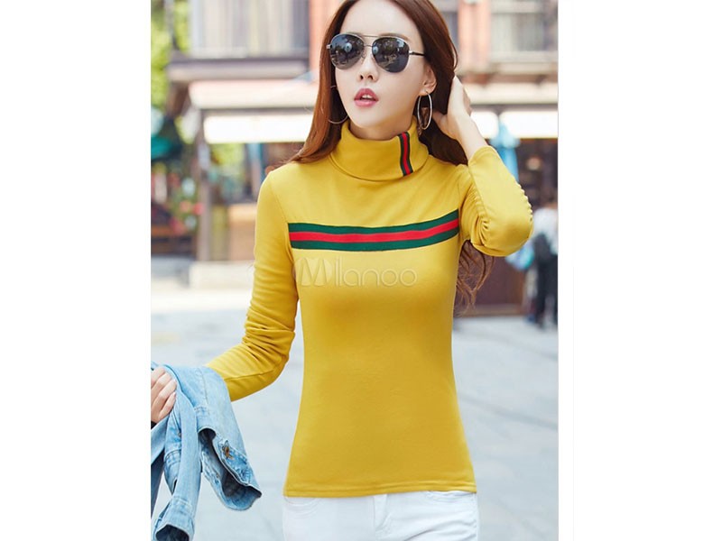 Women's Long Sleeve T Shirt Turtleneck Striped Casual Top