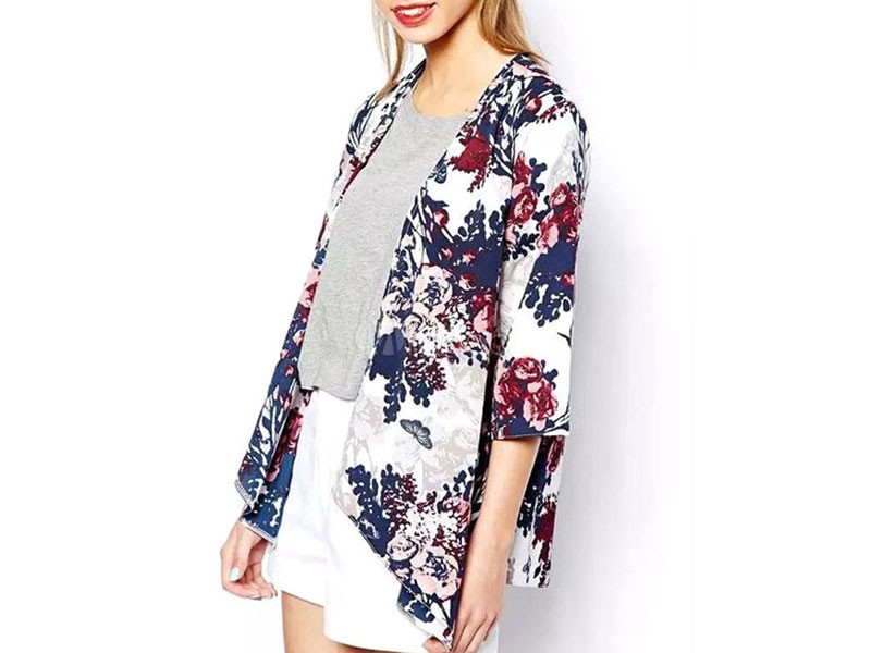 Women Kimono Jacket Floral Print Half Sleeves Beach Cover Ups