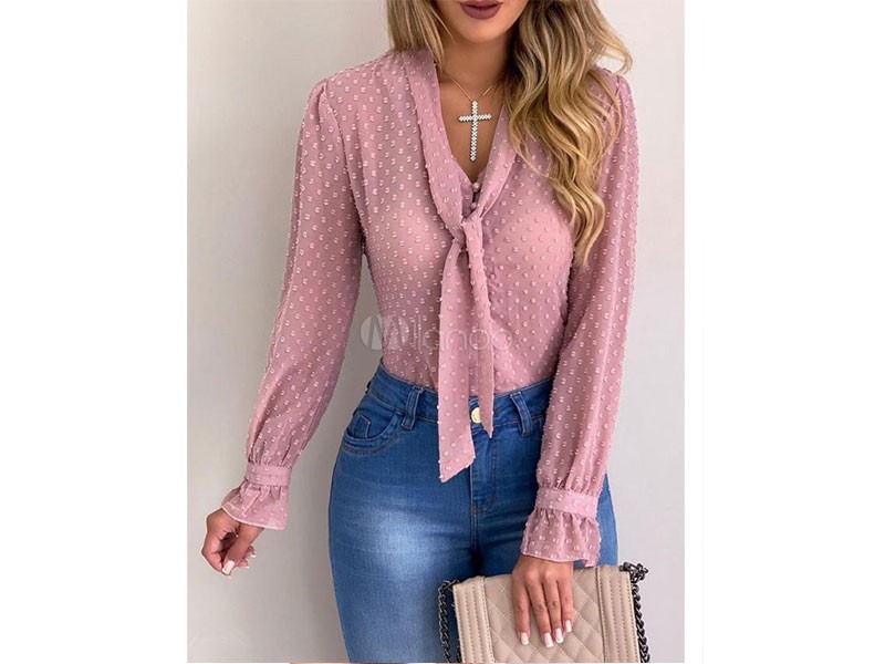 Women Chiffon Blouse Pussy Bows Embellished Collar Long Sleeves Tops