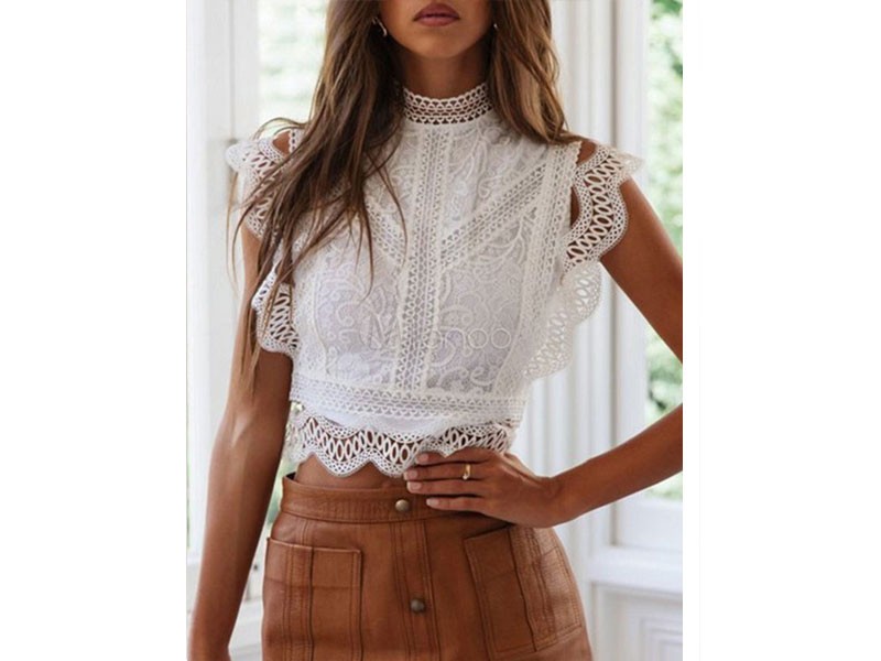 Women Crop Top White Lace Jewel Neck Sleeveless Tops