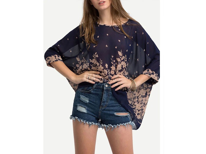 Blouse Women Jewel Neck Batwing Sleeve Floral Print Tops