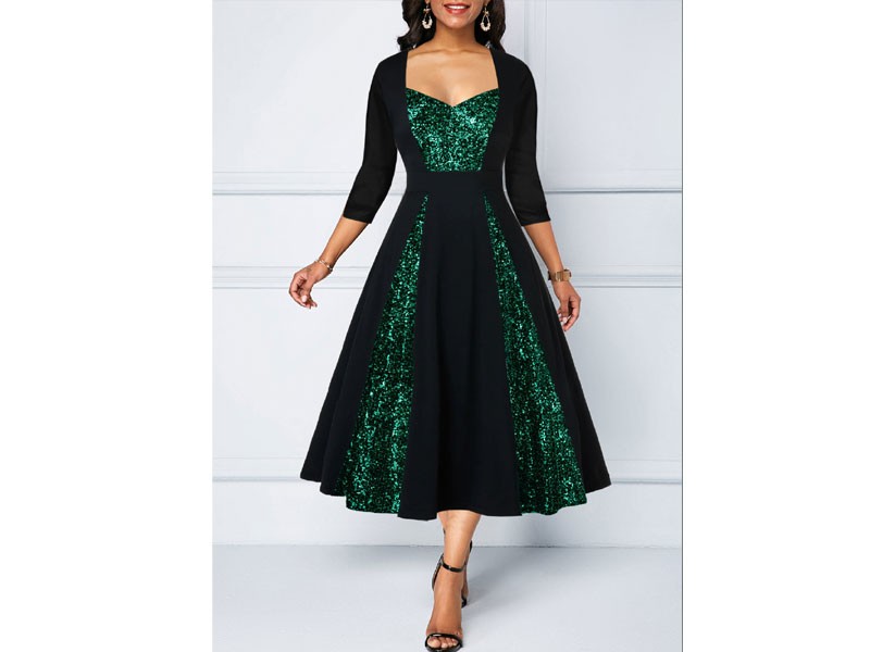 Women's Sequin Panel Three Quarter Sleeve A Line Dress