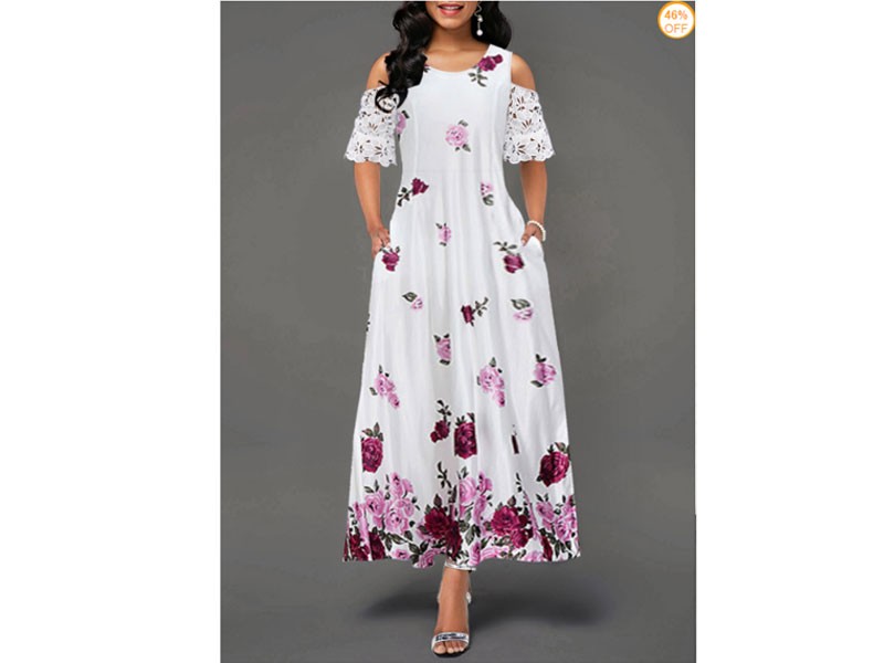 Cold Shoulder Half Sleeve Lace Panel Women's Dress